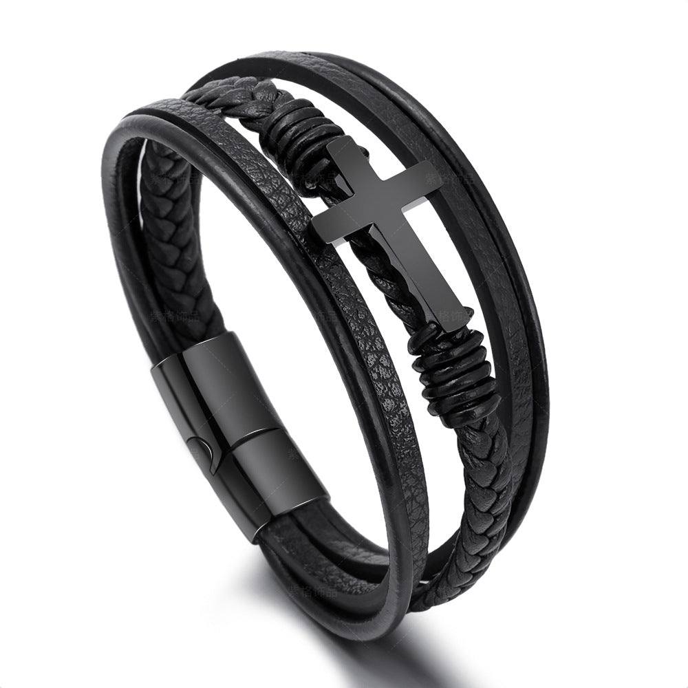 Handmade Braided Leather Magnetic Buckle Stainless Steel Cross Bracelet Men