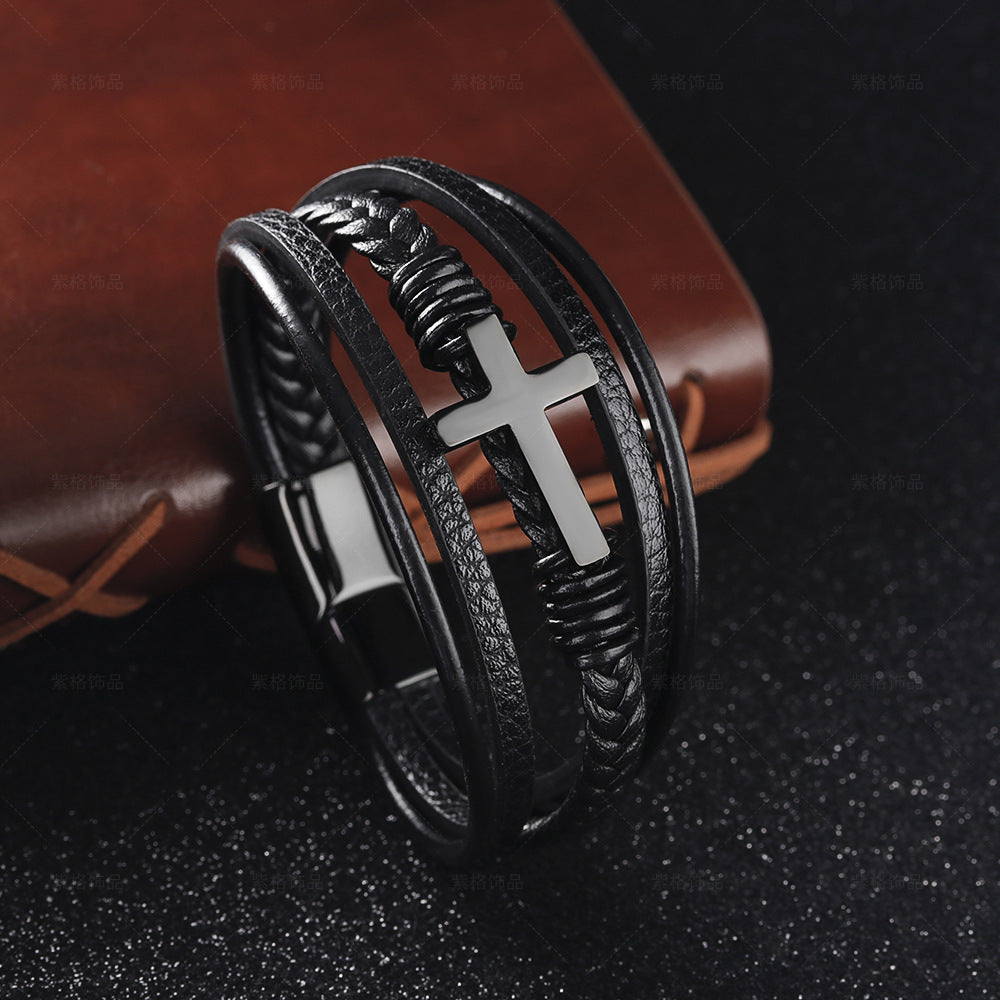 Handmade Braided Leather Magnetic Buckle Stainless Steel Cross Bracelet Men