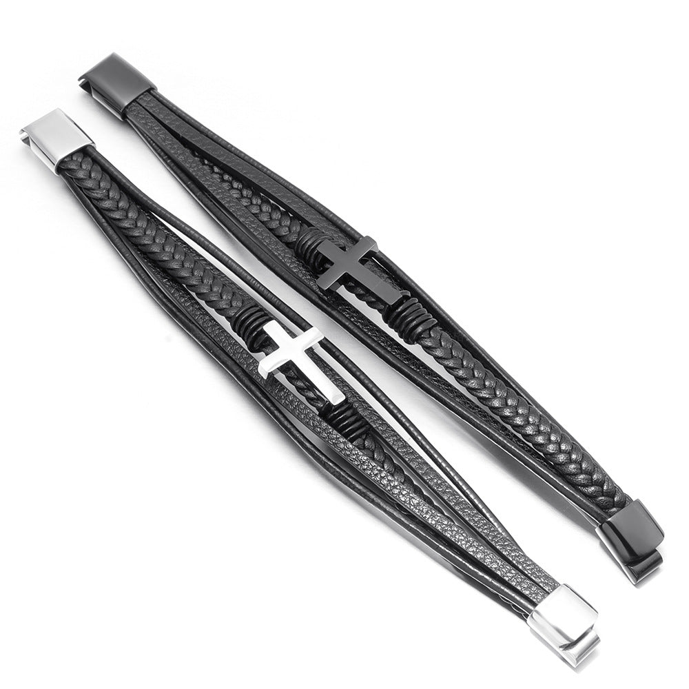 Handmade Braided Leather Magnetic Buckle Stainless Steel Cross Bracelet Men