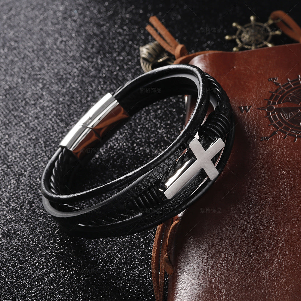 Handmade Braided Leather Magnetic Buckle Stainless Steel Cross Bracelet Men
