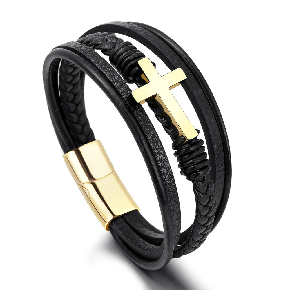 Handmade Braided Leather Magnetic Buckle Stainless Steel Cross Bracelet Men