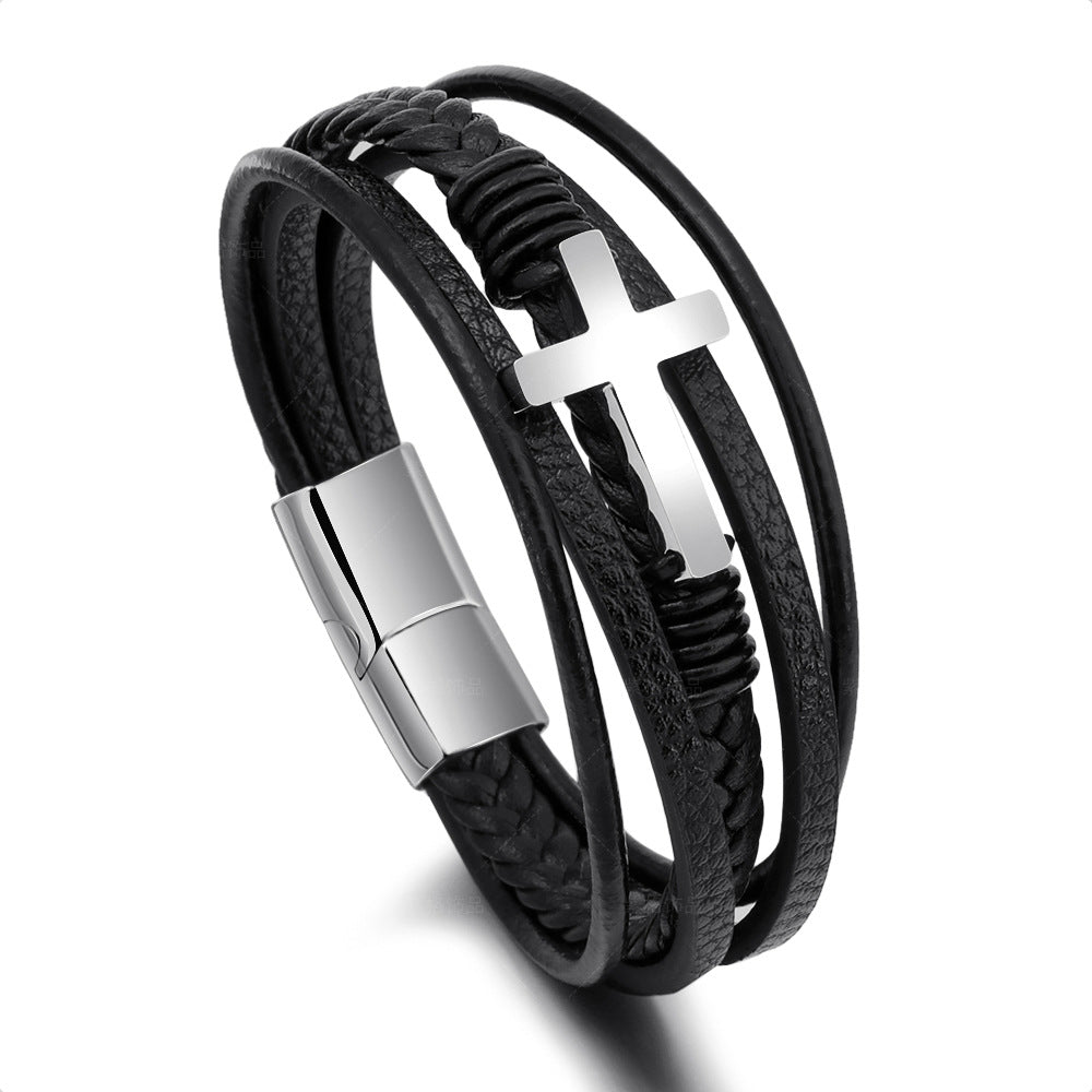 Handmade Braided Leather Magnetic Buckle Stainless Steel Cross Bracelet Men