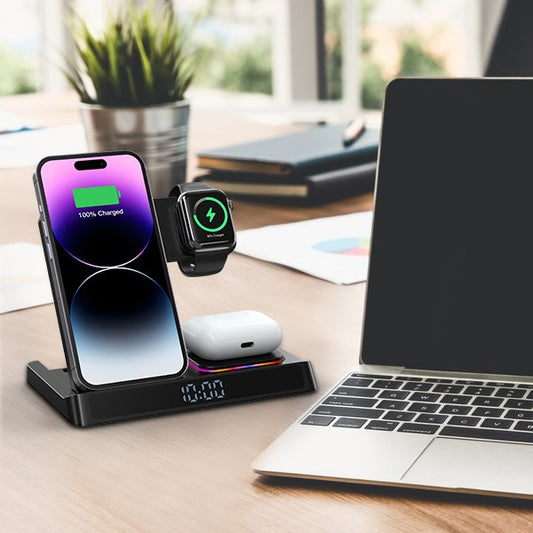 Wireless Charging Digital Clock Dock Suitable for Samsung & Apple Mobile Phones and Watches