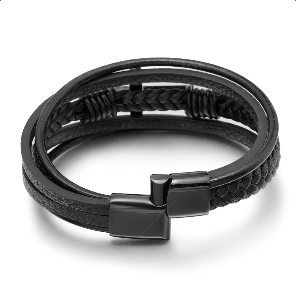 Handmade Braided Leather Magnetic Buckle Stainless Steel Cross Bracelet Men